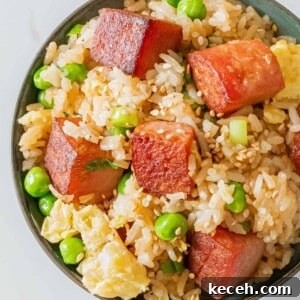 Simple Spam Fried Rice Recipe for Quick Weeknight Meals 16 bowl of spam fried rice with crispy cubes of spam, eggs, green peas, and sesame seeds