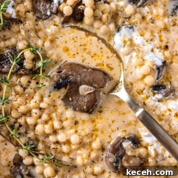 Creamy Mushroom and Pearl Couscous Soup Recipe 6 Close up of Creamy Mushroom and Pearl Couscous Soup with sour cream and fresh herbs.