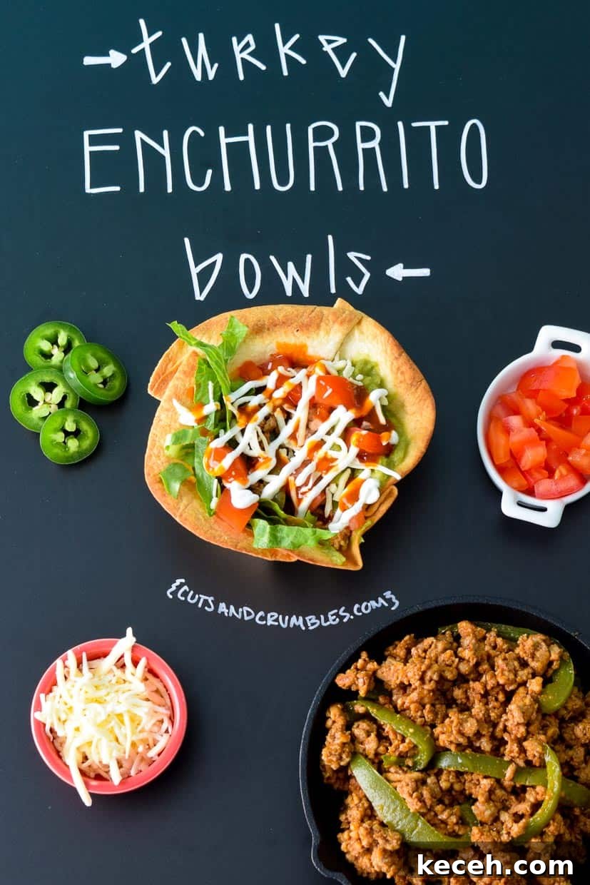 Turkey Enchirito Bowls: Flavorful Tex-Mex Dinner Recipe 2 Turkey Enchurrito Bowls with ingredients on chalkboard