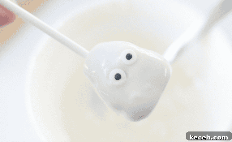 brownie pop dipped in white chocolate with candy eyes