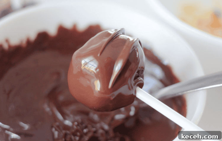 brownie pop dipped into chocolate