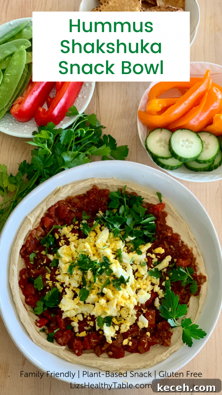 Hummus Shakshuka Bowl with Veggies and Sweet Potato Chips 6 Hummus Shakshuka Snack Bowl with Veggies and Sweet Potato Chips via LizsHealthyTable.com #vegetarian