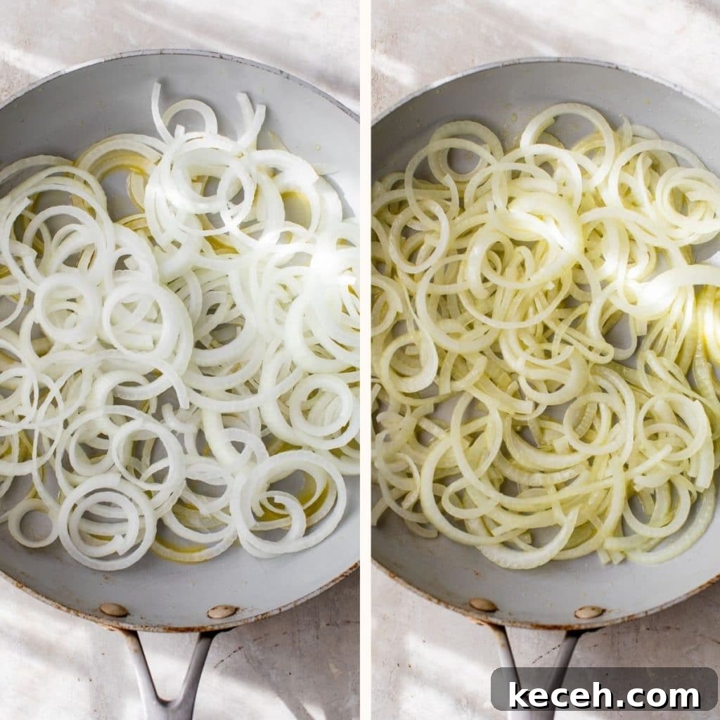 Caramelized Onion Quinoa Bowl with Herbed Lemon Dressing 3 long strips of raw onion in a skillet