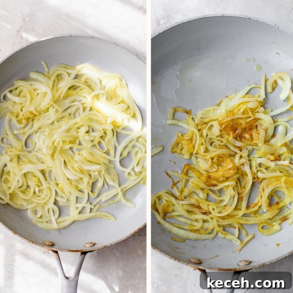 Caramelized Onion Quinoa Bowl with Herbed Lemon Dressing 4 caramelized onions in a large white skillet