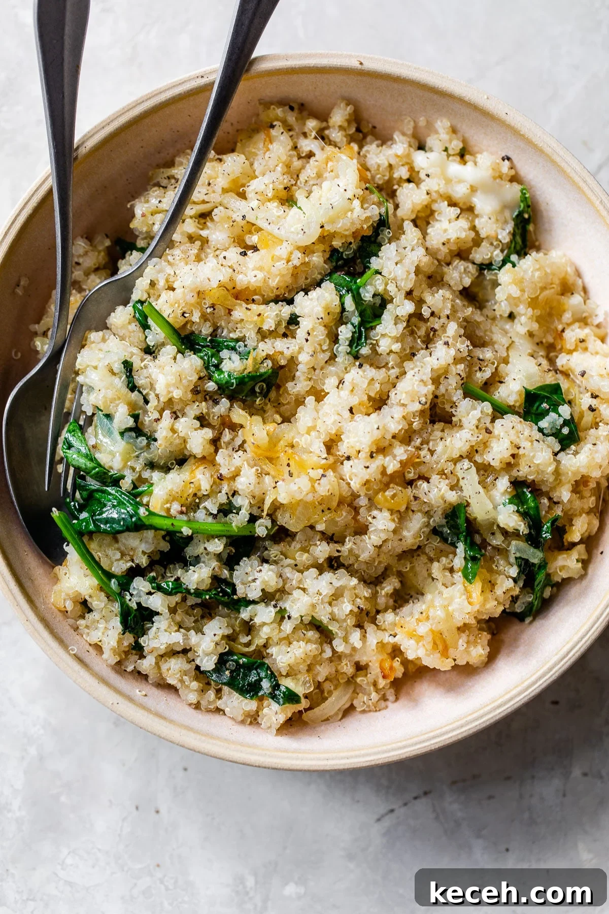 Caramelized Onion Quinoa Bowl with Herbed Lemon Dressing 6 cooked quinoa, spinach and caramelized onions in a pink bowl