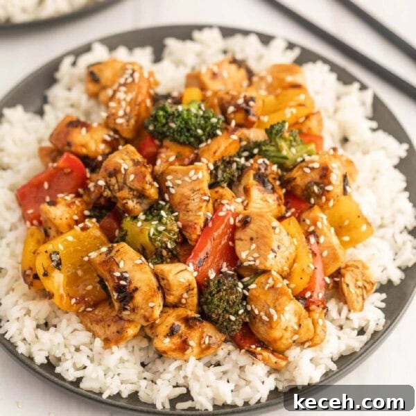 Chicken and vegetables in a sesame sauce on rice.