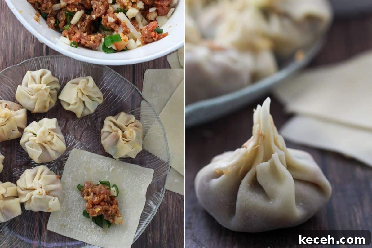 assembling the wontons with meat filling.