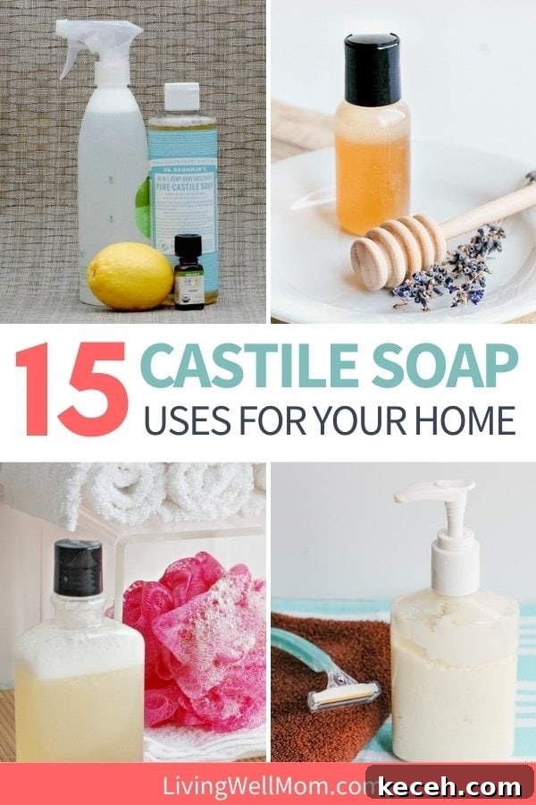 15 Smart Uses for Castile Soap: Home, Cleaning & Personal Care 2 collage of homemade products for personal use that uses castile soap