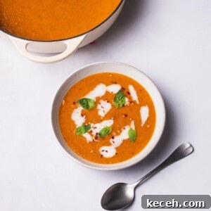 Creamy Roasted Tomato Soup Recipe with Garlic and Basil 13 Roasted Tomato Soup with vegan cream and fresh basil on top.