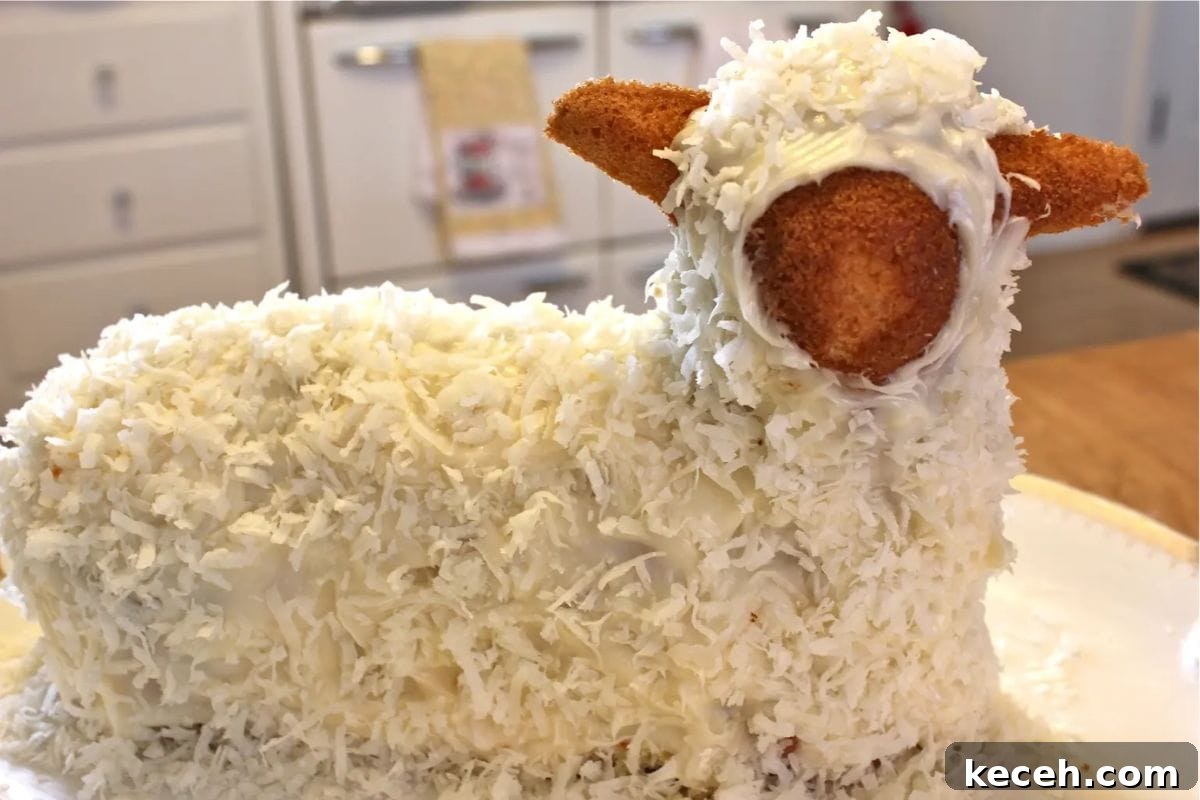 Lamb Cakes at Easter: Cherished Tradition or Baking Disaster? 2 A creatively designed cake resembling a lamb, covered with coconut shavings and decorated with cake pieces for ears.