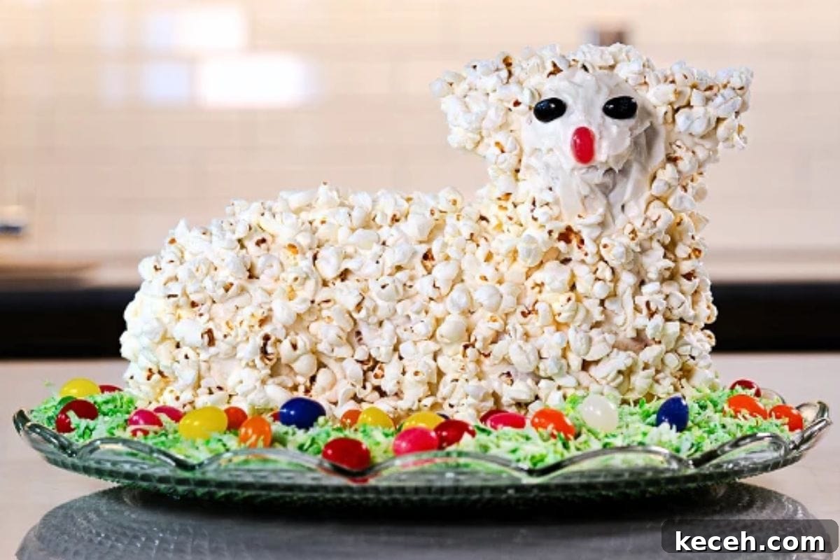 Lamb Cakes at Easter: Cherished Tradition or Baking Disaster? 11 A creative cake shaped like a lamb made of popcorn, decorated with colored jelly beans on a bed of green shredded coconut.