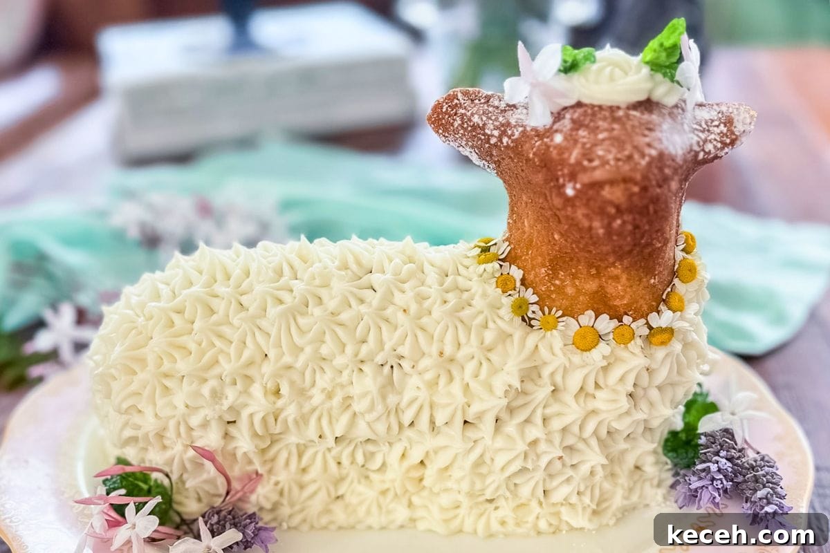 Lamb Cakes at Easter: Cherished Tradition or Baking Disaster? 12 A beautifully crafted lamb-shaped cake adorned with white frosting, flowers, and greenery, set on a delicate plate.