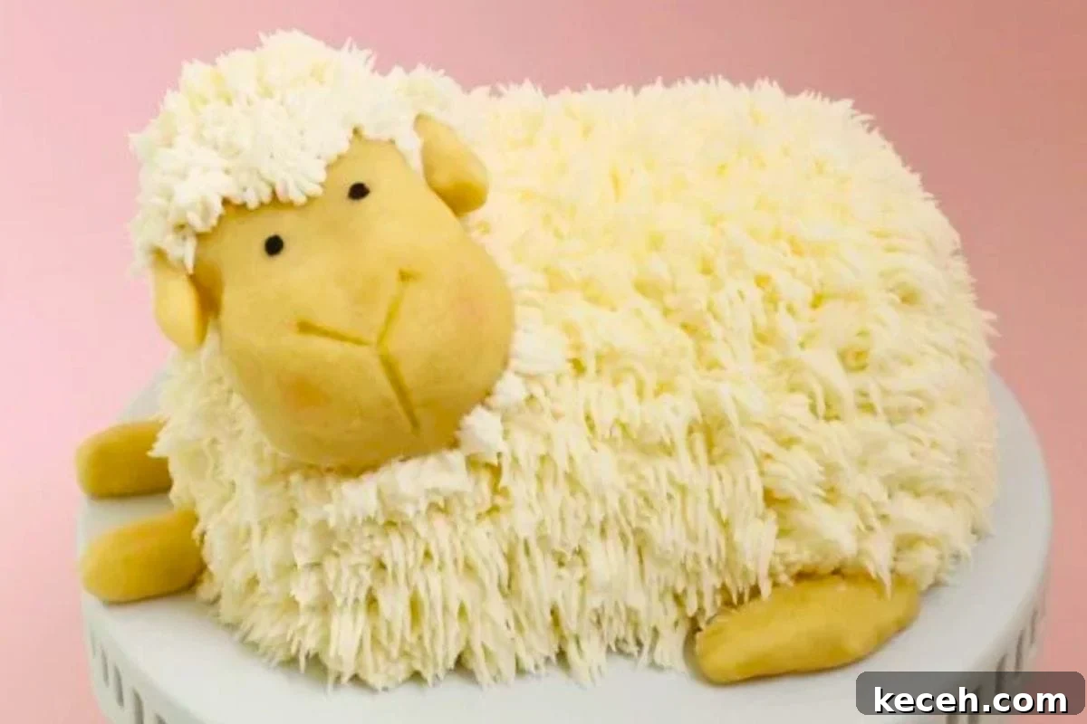 Lamb Cakes at Easter: Cherished Tradition or Baking Disaster? 13 A whimsical cake shaped like a fluffy sheep, featuring textured frosting and fondant details on a decorative stand.