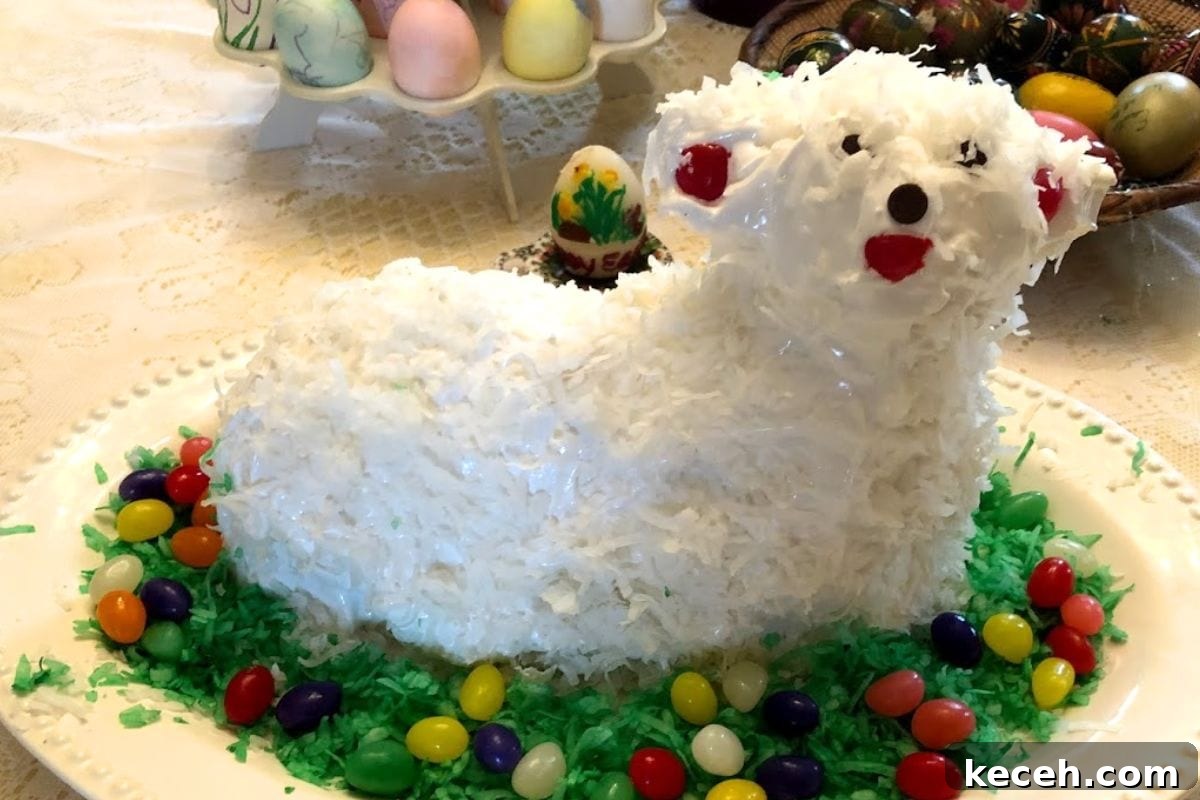 Lamb Cakes at Easter: Cherished Tradition or Baking Disaster? 14 A beautifully crafted lamb-shaped cake decorated with coconut, surrounded by colorful jelly beans and green shredded coconut, perfect for Easter celebrations.