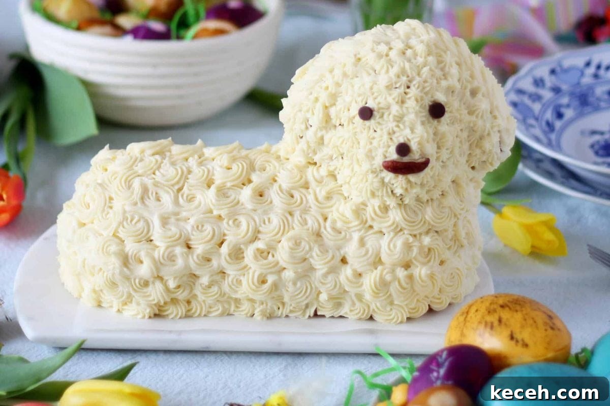 Lamb Cakes at Easter: Cherished Tradition or Baking Disaster? 15 A creatively designed cake resembling a fluffy white dog, decorated with swirls of icing and chocolate details, surrounded by colorful Easter eggs and flowers.