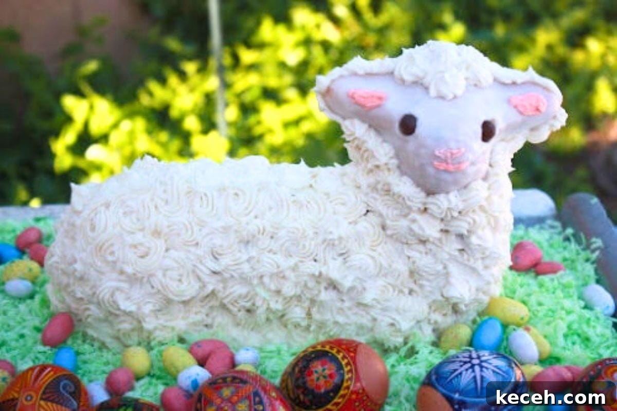 Lamb Cakes at Easter: Cherished Tradition or Baking Disaster? 16 A beautifully crafted lamb-shaped cake decorated with white frosting and surrounded by colorful Easter eggs on green grass.
