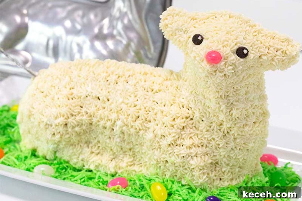 Lamb Cakes at Easter: Cherished Tradition or Baking Disaster? 3 A decorative lamb-shaped cake covered in white frosting with colorful jelly beans on a bed of green shredded coconut, set on a white platter.