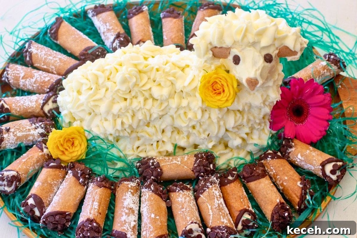 Lamb Cakes at Easter: Cherished Tradition or Baking Disaster? 6 A decorative Easter dessert featuring a lamb-shaped cake made of frosting, surrounded by chocolate-dipped cannoli, and adorned with colorful flowers and green grass.