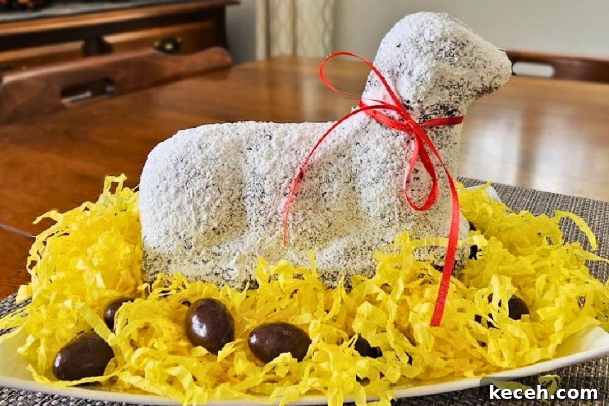 Lamb Cakes at Easter: Cherished Tradition or Baking Disaster? 7 A decorative Easter lamb cake surrounded by yellow shredded paper and chocolate eggs on a plate.