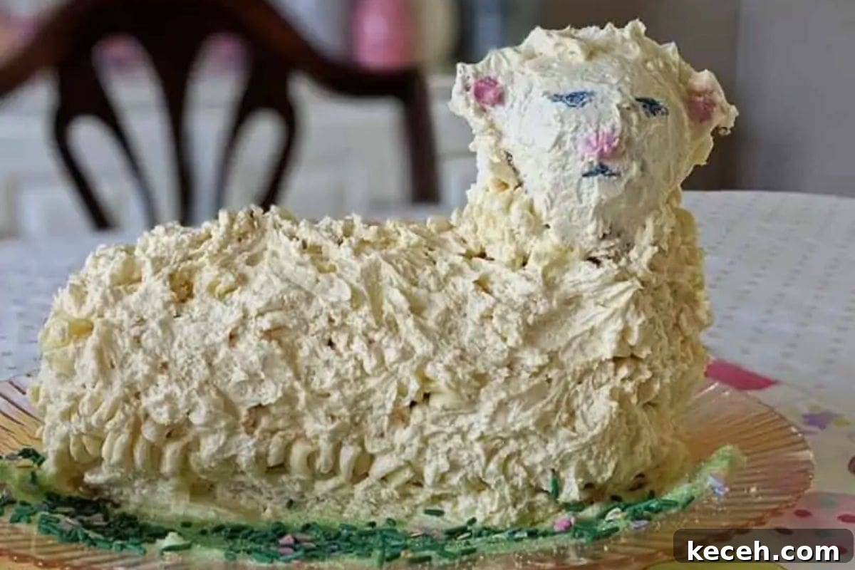 Lamb Cakes at Easter: Cherished Tradition or Baking Disaster? 8 A whimsical dessert shaped like a lamb, covered in creamy frosting with colorful facial decorations, resting on a decorative plate.