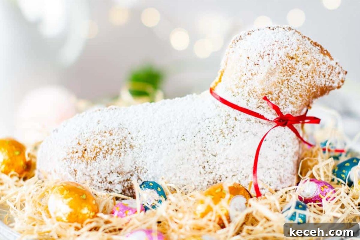 Lamb Cakes at Easter: Cherished Tradition or Baking Disaster? 9 A decorative Easter cake shaped like a dog, covered in powdered sugar and tied with a red ribbon, surrounded by colorful chocolate eggs and straw.