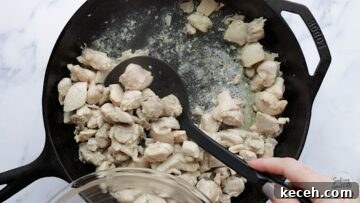 Making chicken fajita casserole and cooking the chicken in a cast iron skillet.