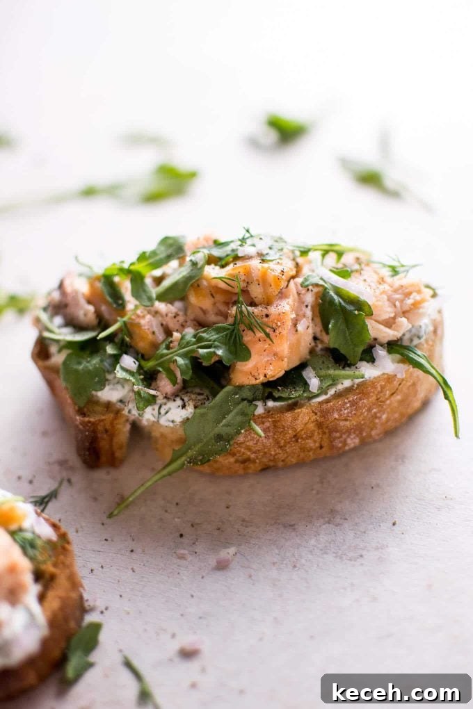 Smoked Salmon Tartine with Lemon-Dill Cream Cheese 4 close-up of baked salmon tartine