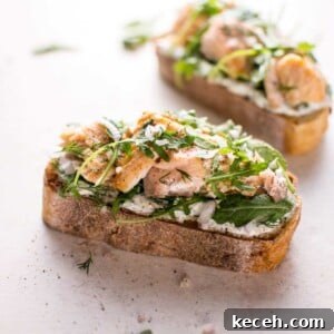 Smoked Salmon Tartine with Lemon-Dill Cream Cheese 6 Baked salmon, lemon, crusty bread, fresh dill, Greek yogurt, shallot, and arugula make this salmon tartine one delicious open-faced sandwich! Ready in 20 minutes.