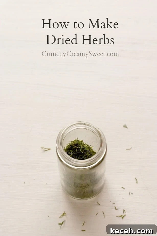 How to Make Dried Herbs at Home - learn a super easy technique and stock up on your favorite dried herbs two ways: air dry and dry in a microwave. Overhead shot of a skinny jar with dried herbs.