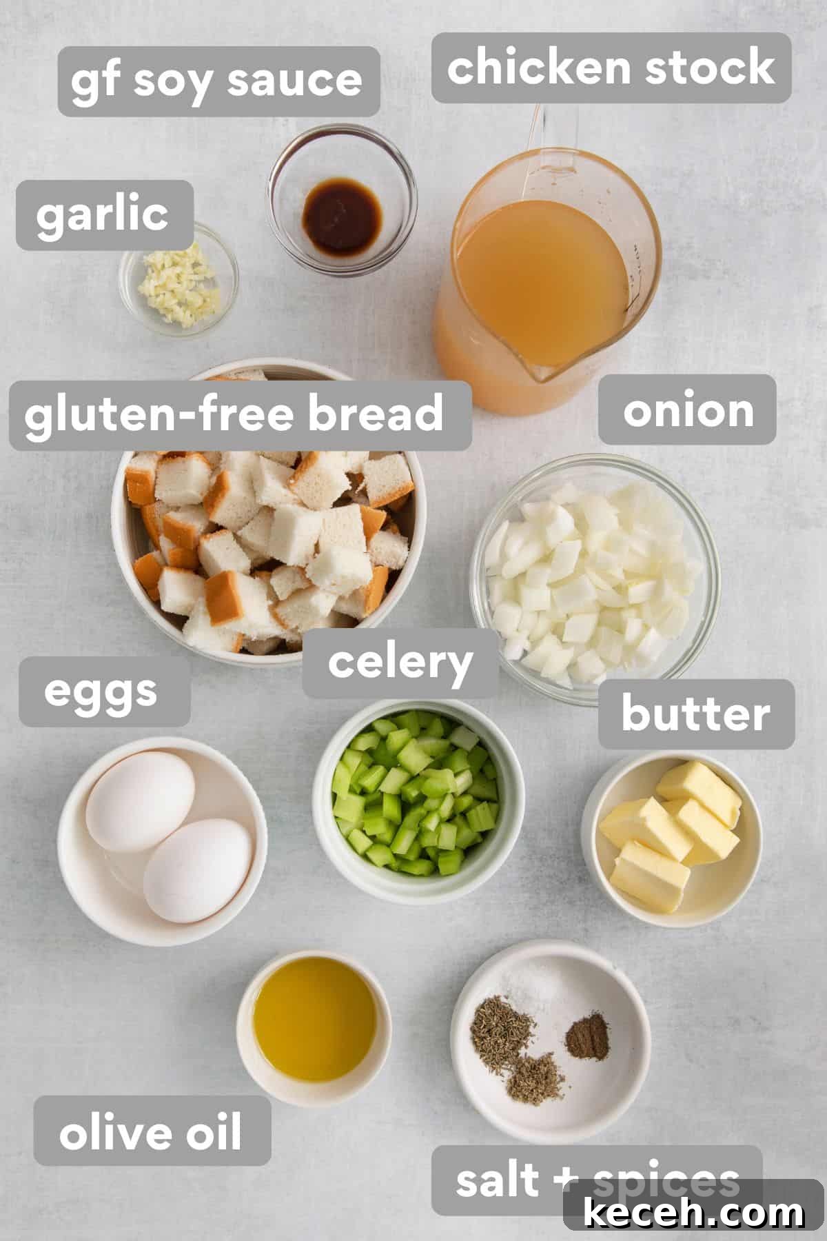 Ingredients for gluten-free stuffing set on a counter top