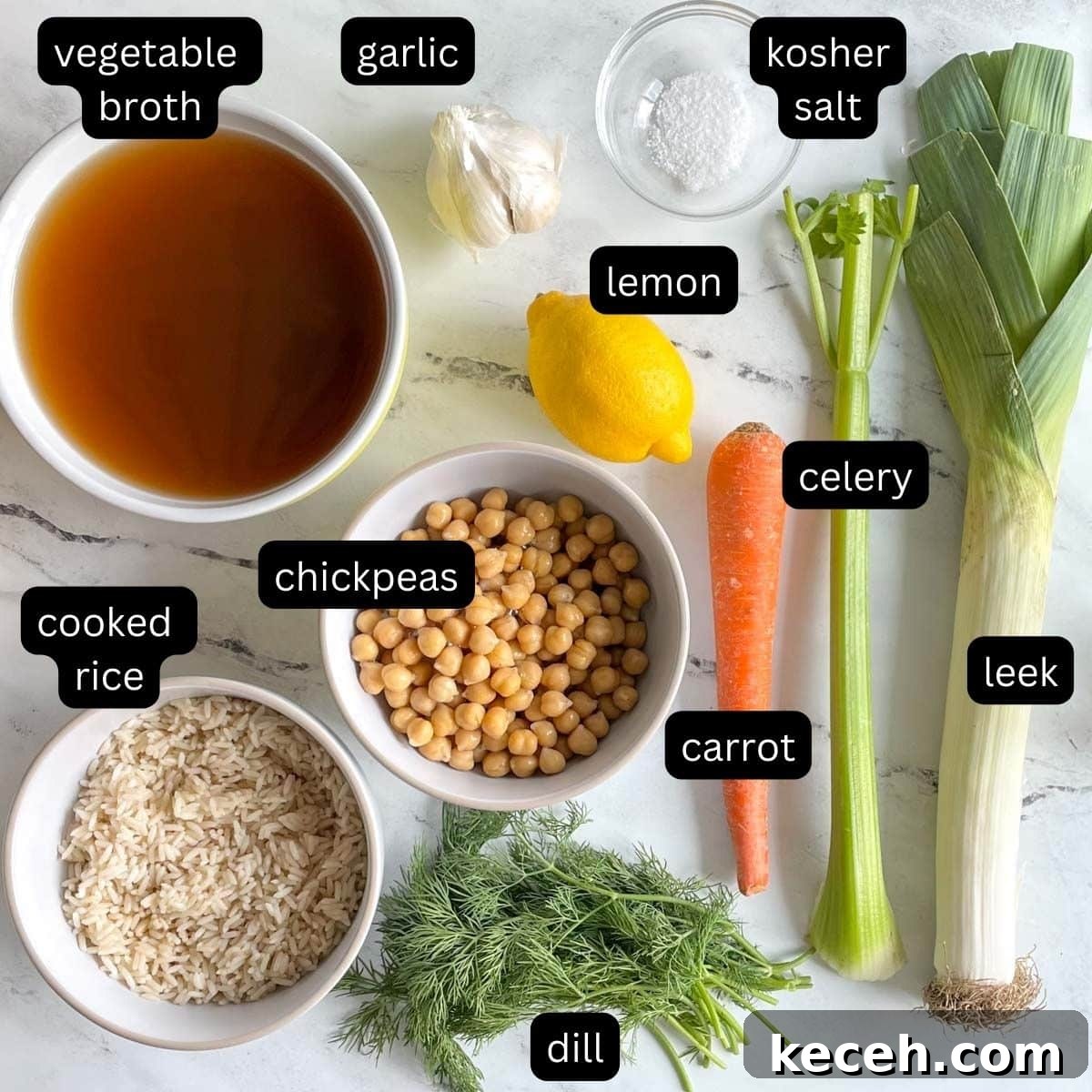 Authentic Greek Chickpea Soup (Revithosoupa) Recipe 3 The labeled ingredients for Greek Chickpea Soup sit on a white marble counter.