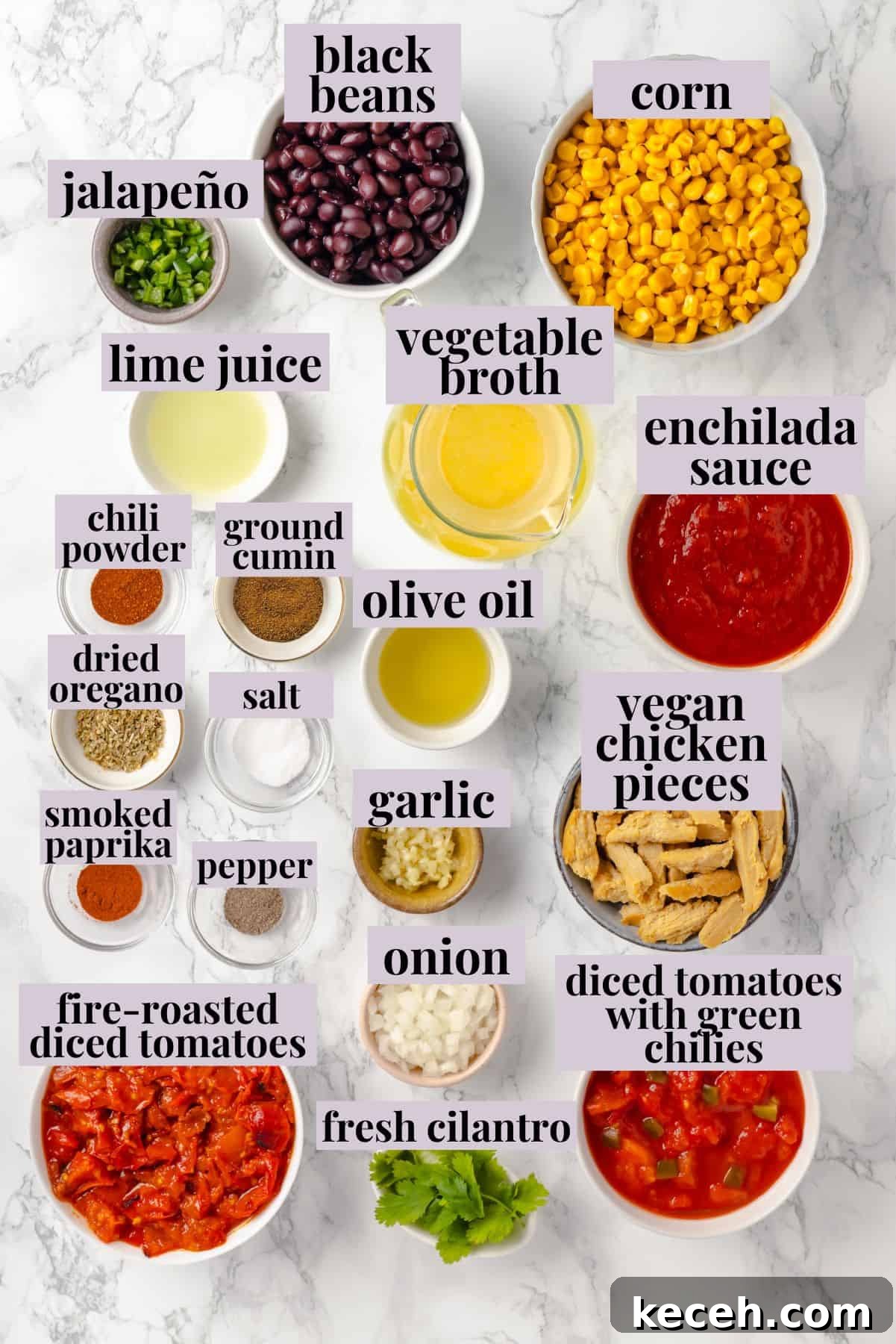 This vegan enchilada soup recipe has the flavor of enchiladas in a hearty bowl of soup. Loaded with beans, plant-based chicken and more! Overhead view of enchilada soup ingredients with labels
