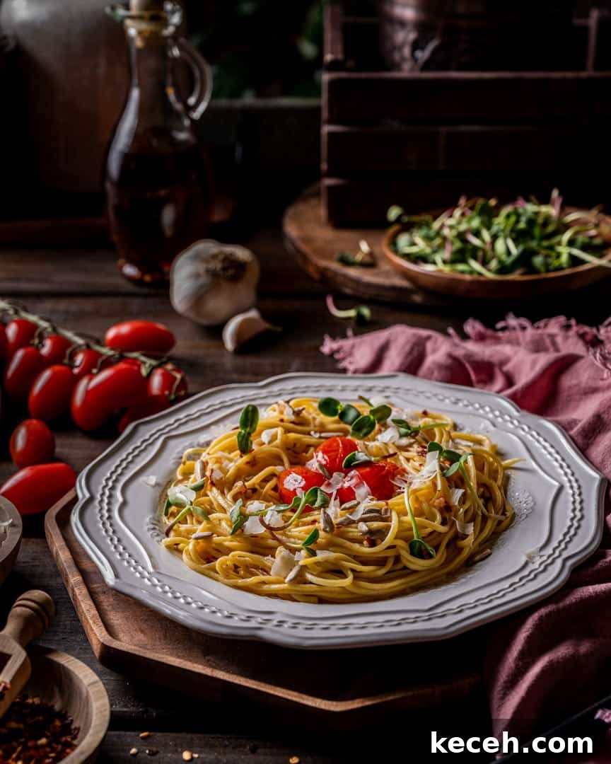 20-Minute Spaghetti Aglio e Olio with Blistered Cherry Tomatoes 3 Spaghetti with Garlic Olive Oil and Chili Peppers
