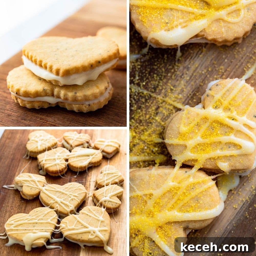 Lemon Poppy Seed Heart-Shaped Sandwich Cookies 11 decorating heart shaped cookies for Valentine's Day with sprinkles and drizzled ganache.