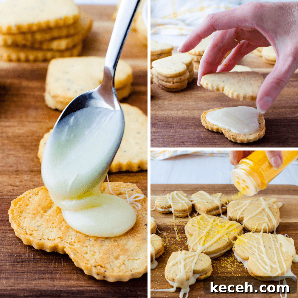 Lemon Poppy Seed Heart-Shaped Sandwich Cookies 10 spooning lemon ganache between heart shaped cookies.