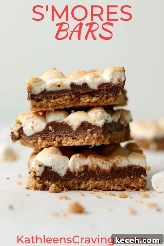 Decadent S'mores Dessert Bars: Gooey Chocolate & Graham Cracker Squares 2 Stack of s'mores bars with text overlay