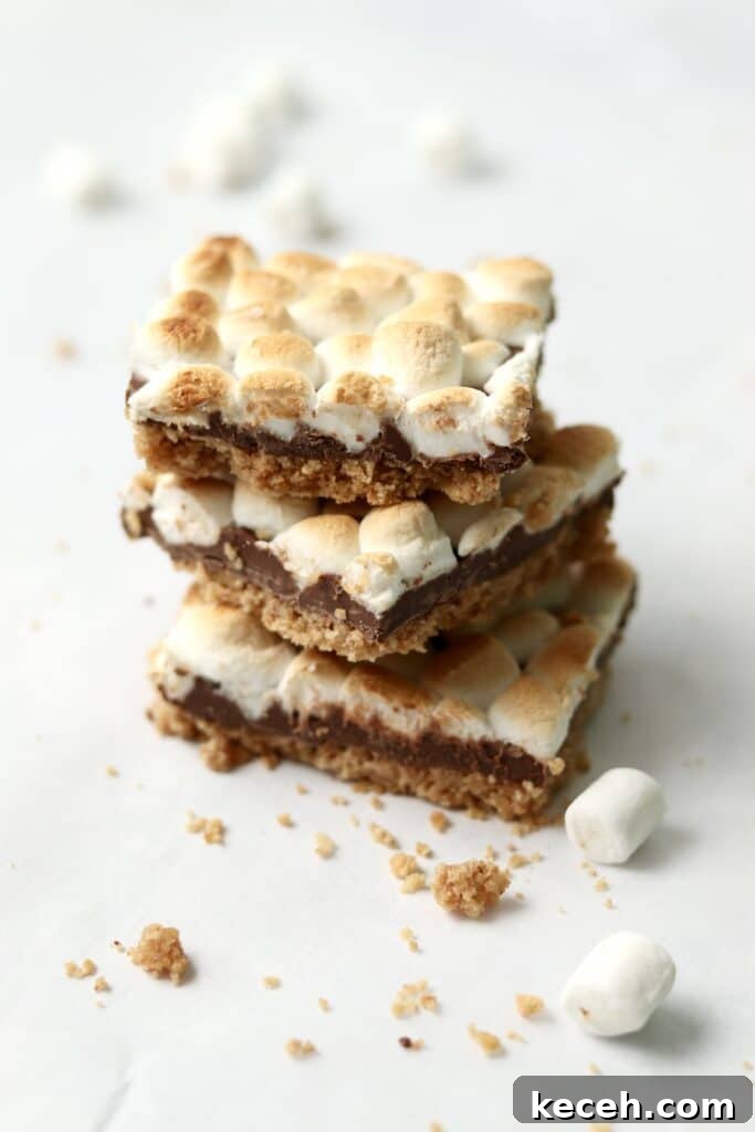 Decadent S'mores Dessert Bars: Gooey Chocolate & Graham Cracker Squares 9 stack of s'mores bars with mini marshmallows