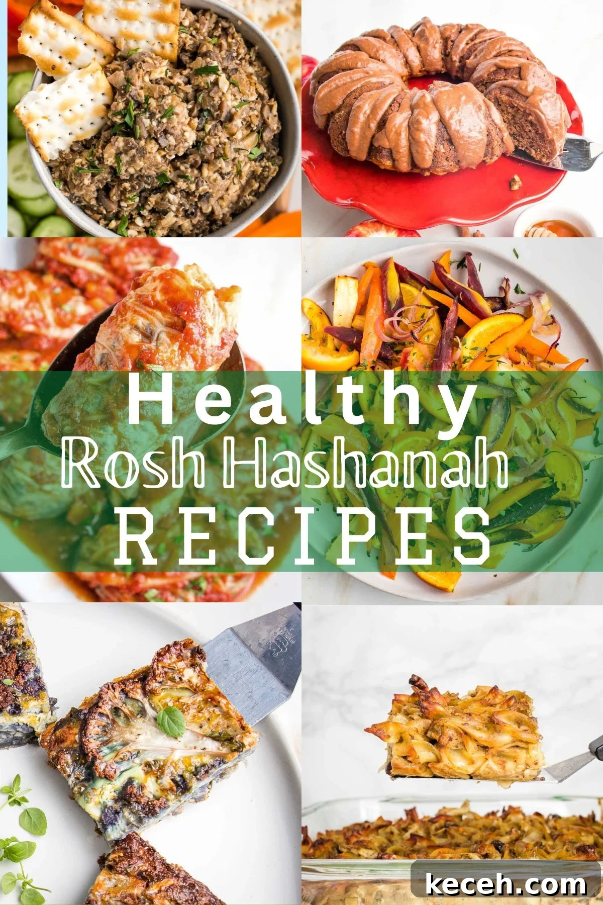 Rosh Hashanah 2026: Festive Recipes and Complete Menu Planner 2 Healthy Rosh Hashanah Recipes written across a collage of food pics with apple cake, chopped liver, kugel, carrots and stuffed cabbage.