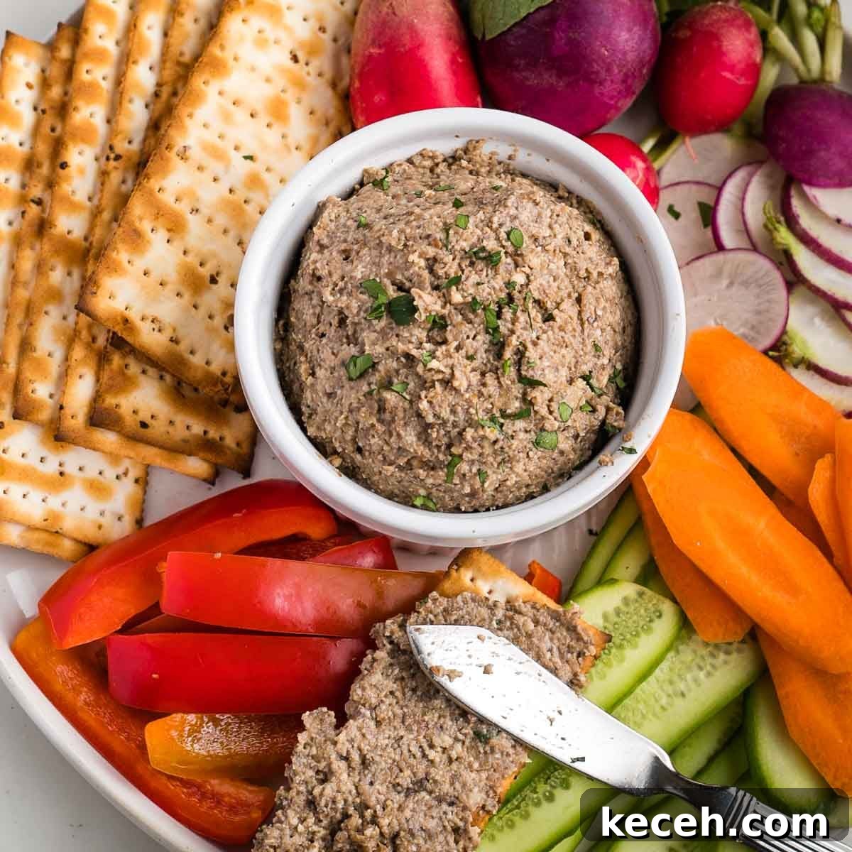 Rosh Hashanah 2026: Festive Recipes and Complete Menu Planner 47 Vegetarian chopped liver in a bowl surrounded by matzo crackers and raw vegetables.