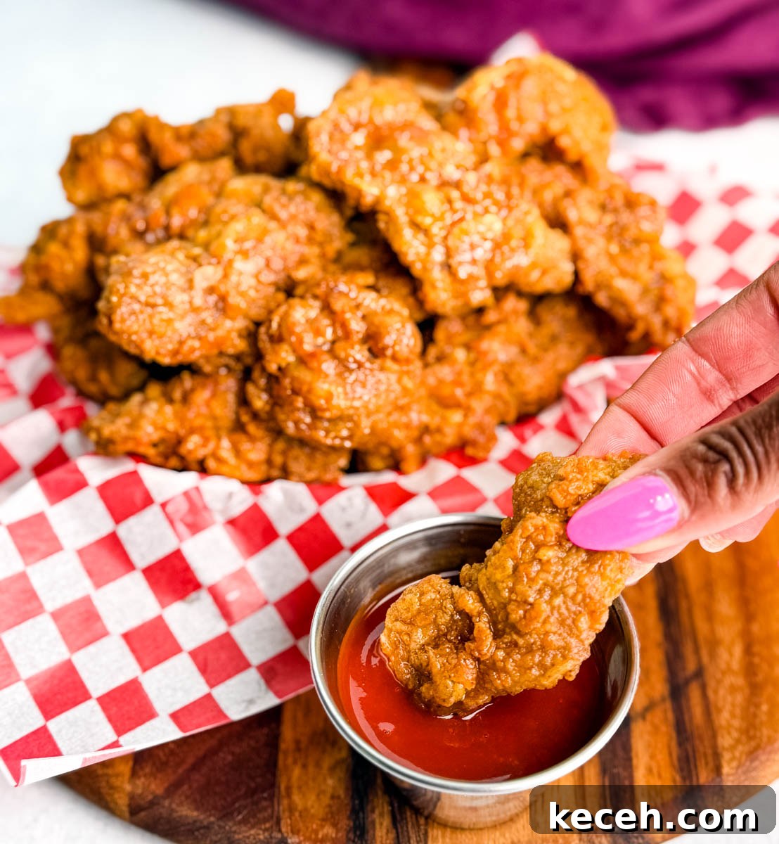 Crispy Fried Chicken Gizzards Recipe: Southern-Style Crunch 11 Close-up of a hand dipping a fried chicken gizzard into a small cup of red dipping sauce, with a basket of fried gizzards in the background.