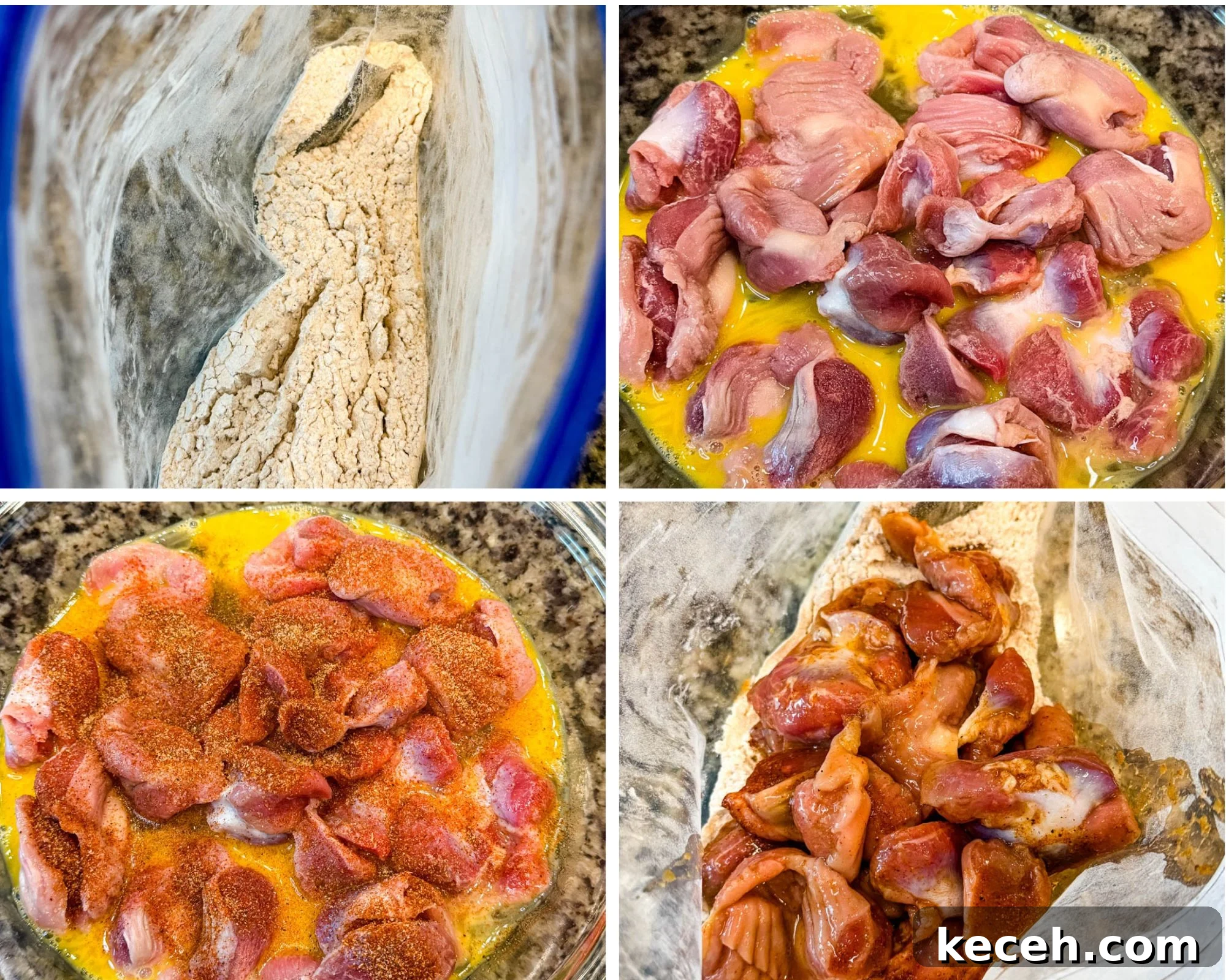 Crispy Fried Chicken Gizzards Recipe: Southern-Style Crunch 6 Step-by-step prep collage showing seasoned flour in a bag, raw chicken gizzards dipped in egg wash, gizzards coated with spices, and marinated gizzards being added to flour for dredging.