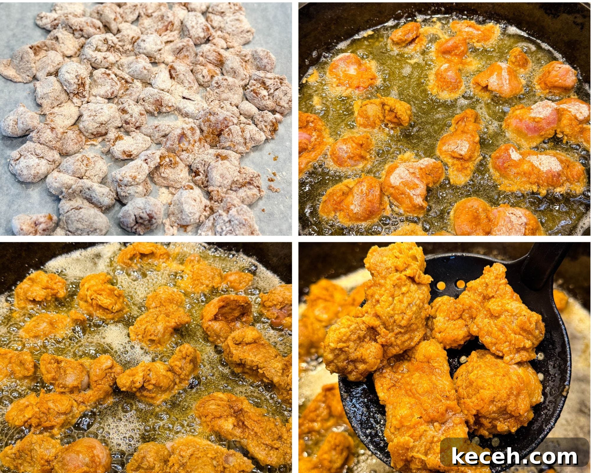 Crispy Fried Chicken Gizzards Recipe: Southern-Style Crunch 7 Step-by-step collage showing gizzards coated in flour, frying in hot oil, bubbling as they cook, and a slotted spoon lifting out crispy fried gizzards.