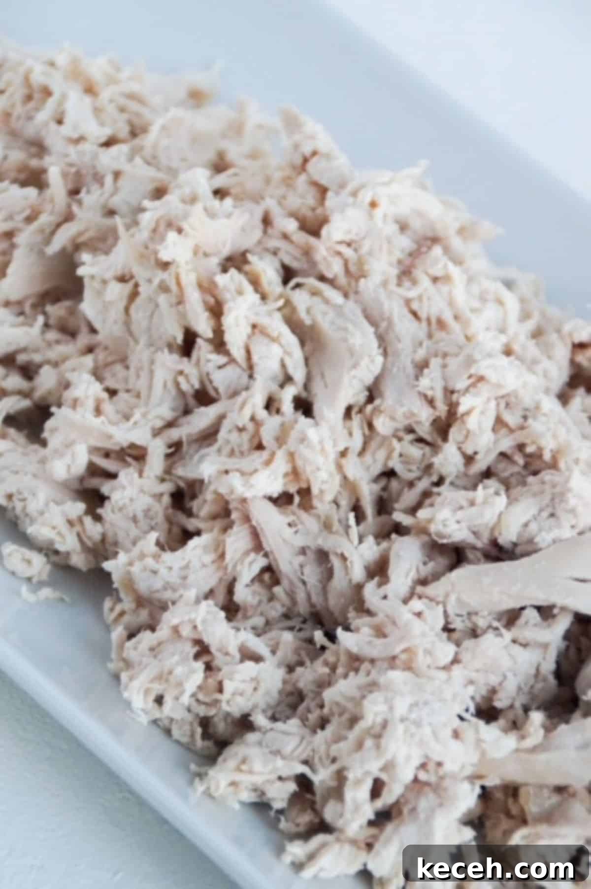 How to Poach Chicken Breast for Perfect Shredded Meat 2 Shredded chicken on a white platter.