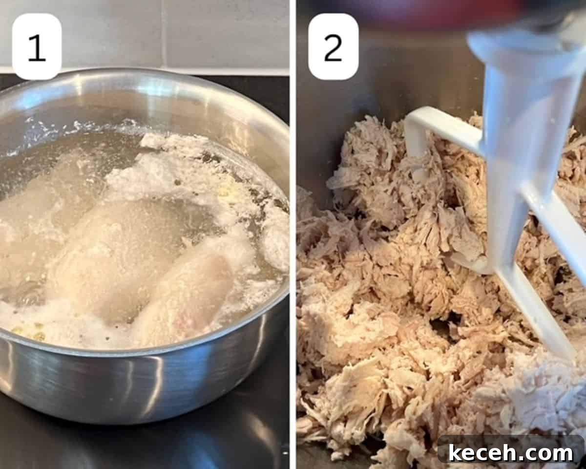 How to Poach Chicken Breast for Perfect Shredded Meat 3 Chicken boiling in a saucepan to the left; shredded chicken in a stand mixer with the paddle attachment to the right.