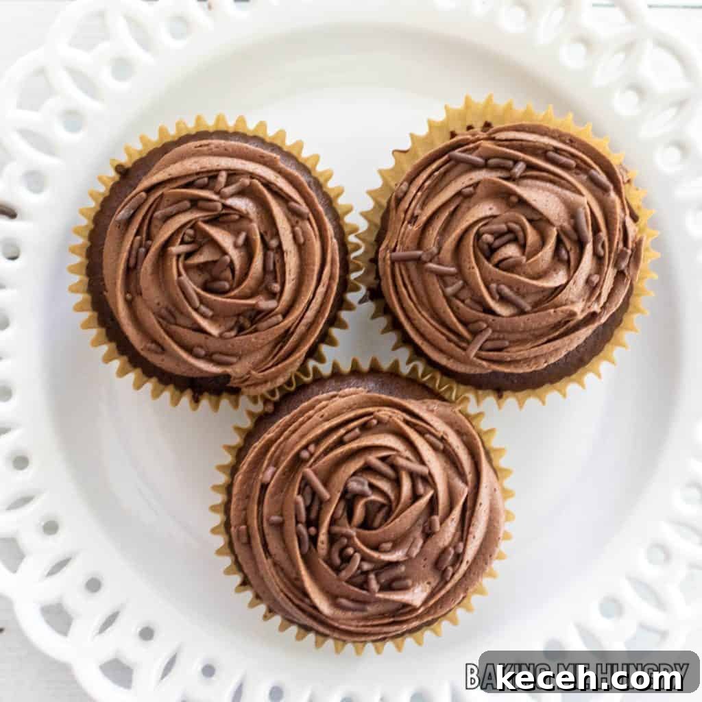 Rich Chocolate Frosting Recipe for Small Batches 3 overhead shot of three chocolate fudge cupcakes on white plate