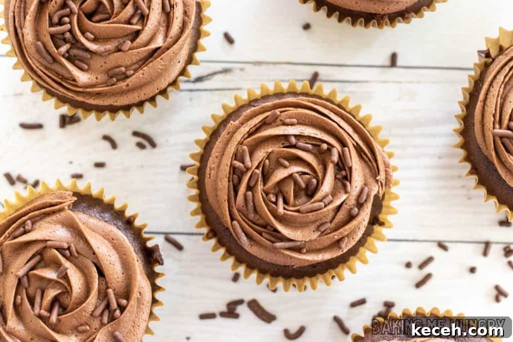 Rich Chocolate Frosting Recipe for Small Batches 7 frosted cupcakes from overhead