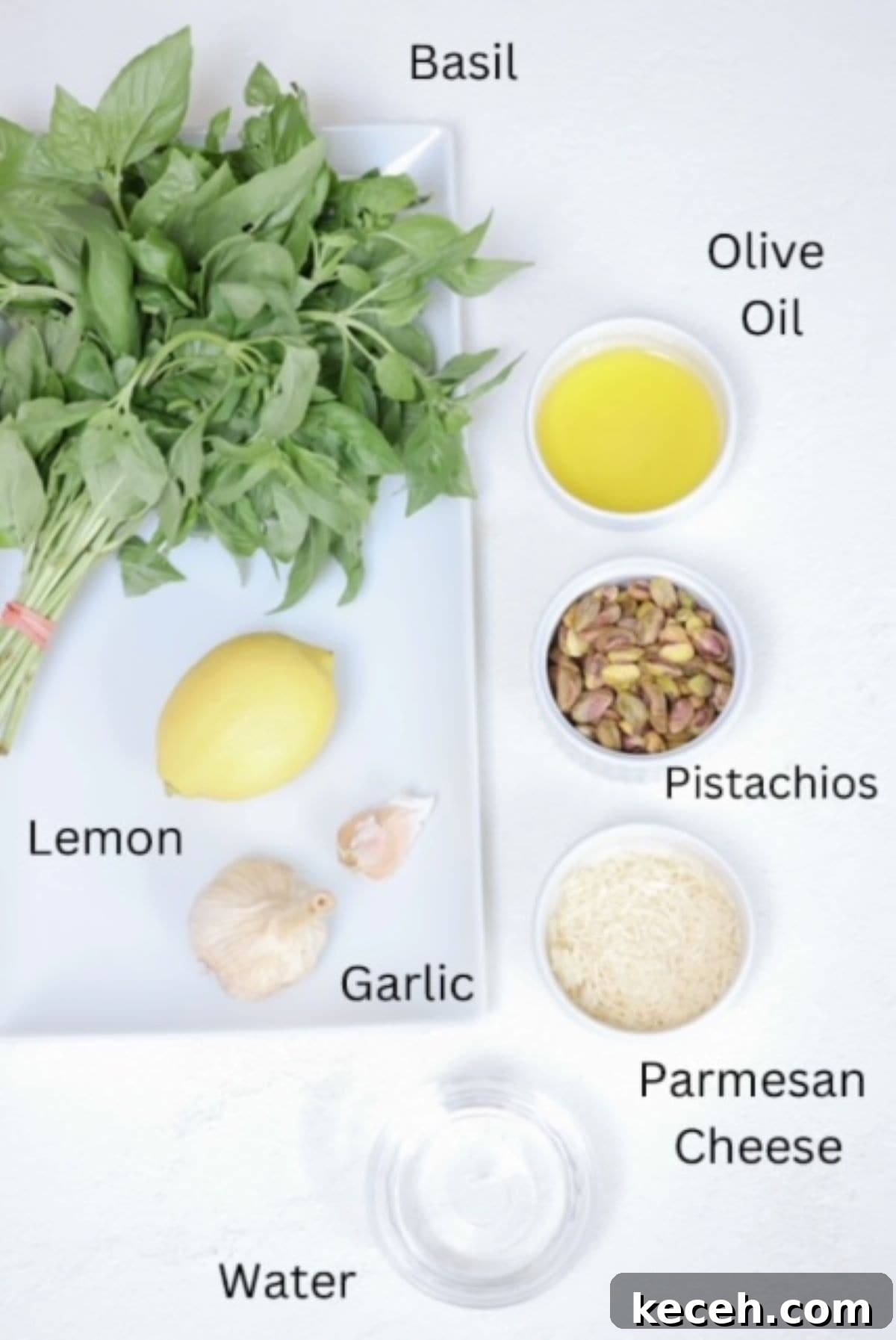 Pistachio Pesto ingredients, labeled.