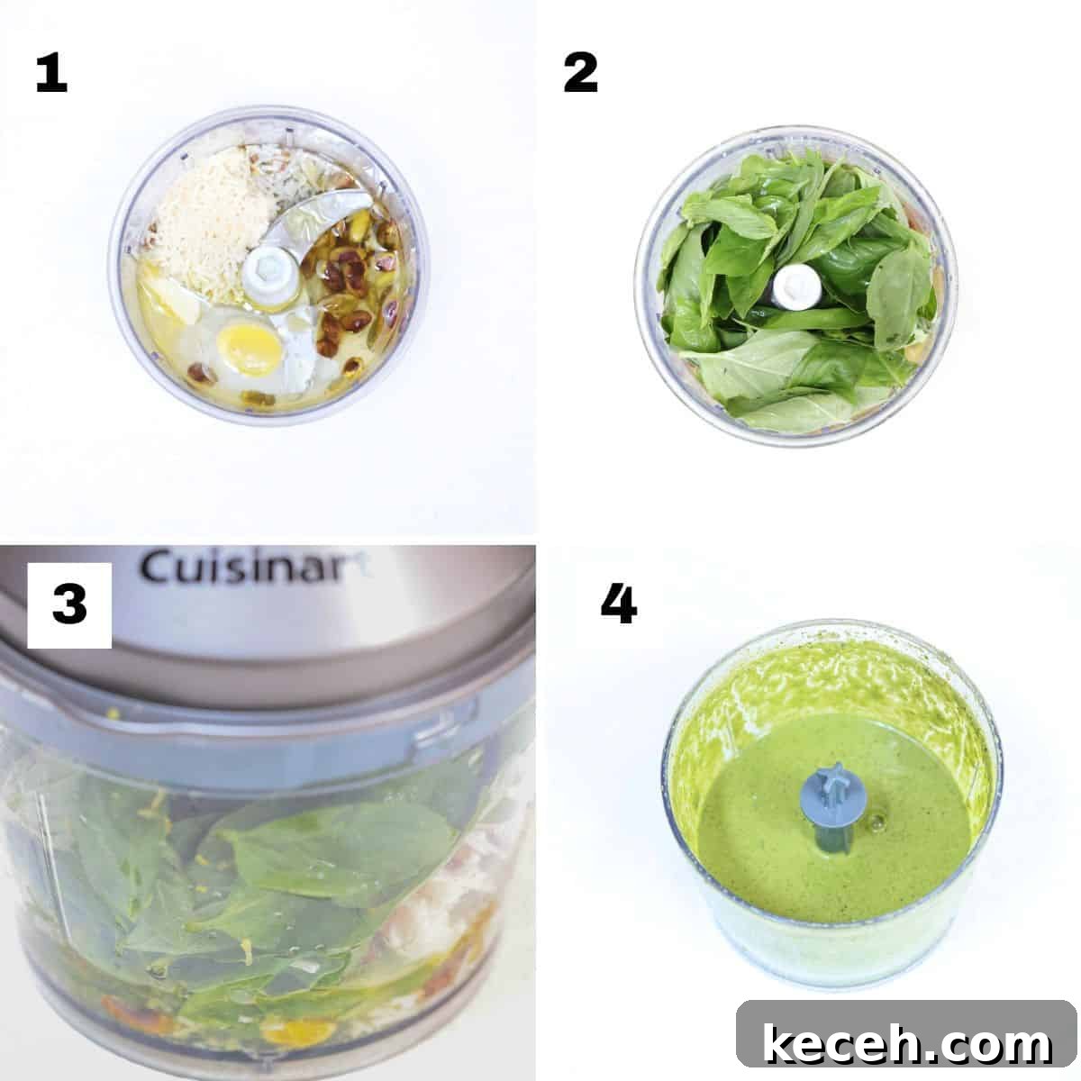 Four numbered images showing how to make pistachio pesto.