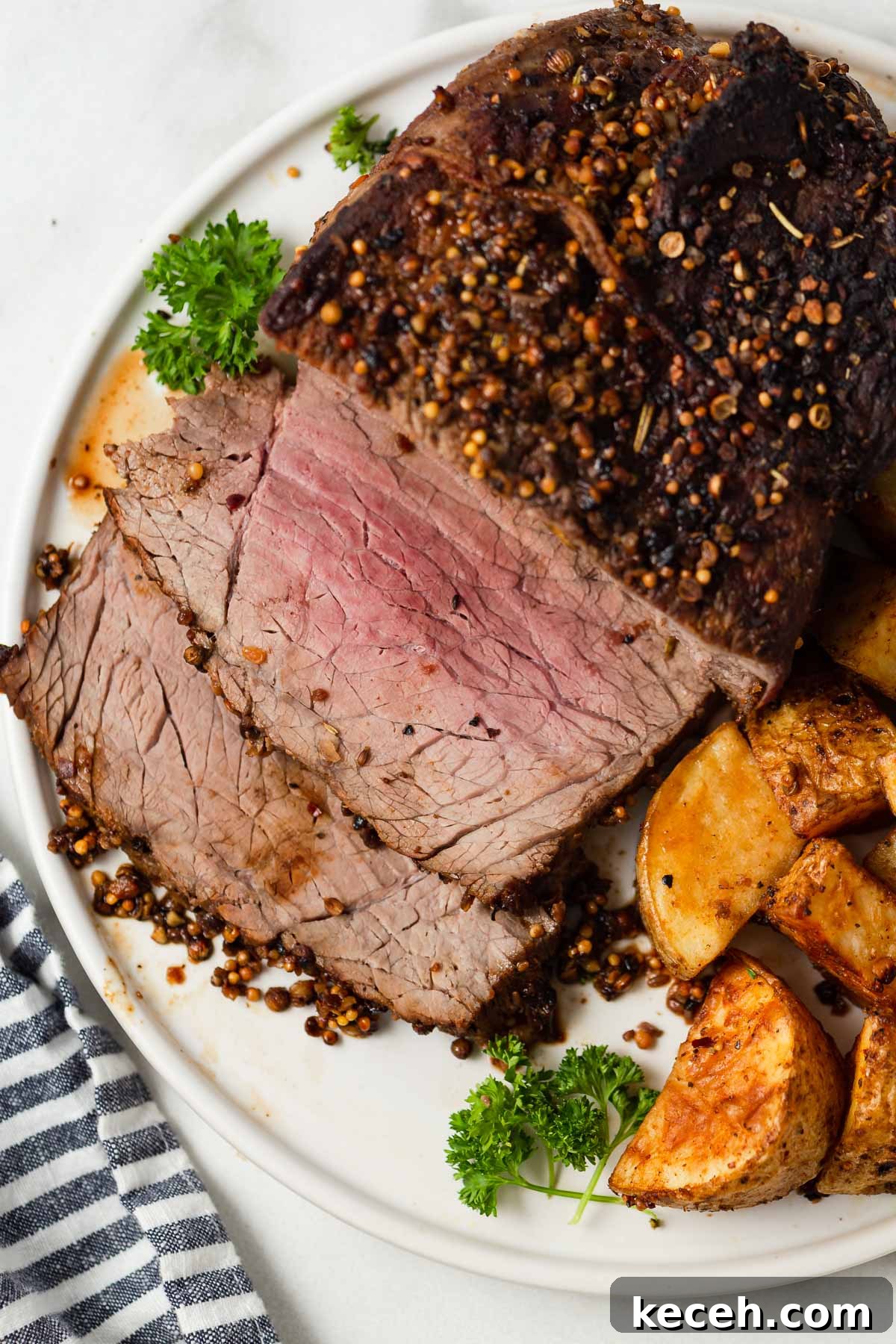 sliced classic roast beef in the air fryer.