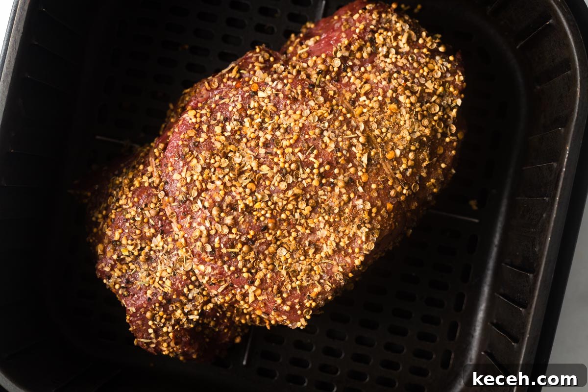 seasoned roast beef in the air fryer.
